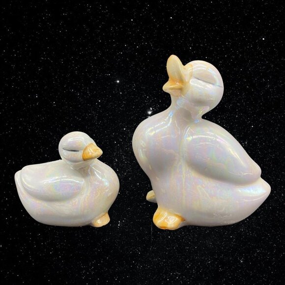 Lusterware Ceramic Mother & Child White Duck Goose Figurines 3.5-6.5”T 3.5-4”W - Picture 1 of 9